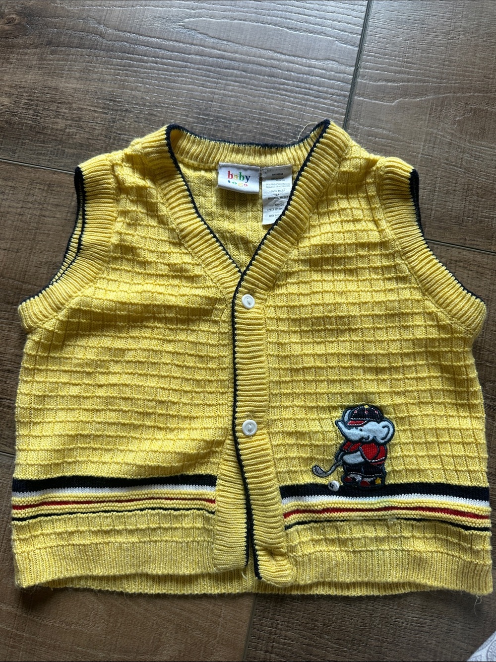 Vintage Yellow Knit Baby Vest with Golfing Elephant Patch
